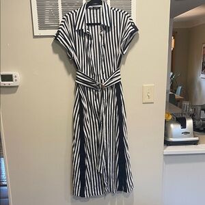 Zara Navy striped linen shirt dress with belt